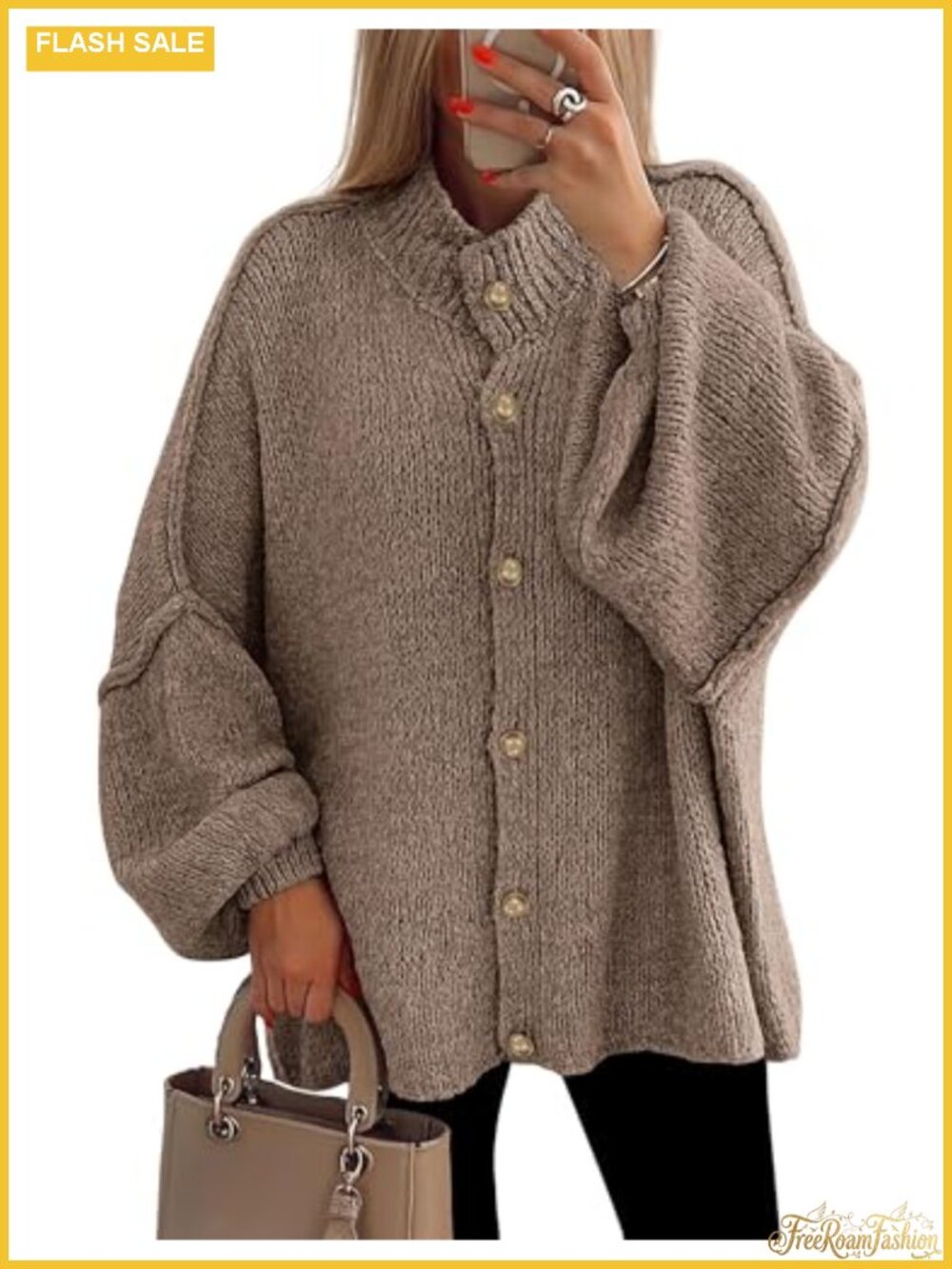 Oversized Chunky Knit Cardigan Button Down Mock Neck Sweater